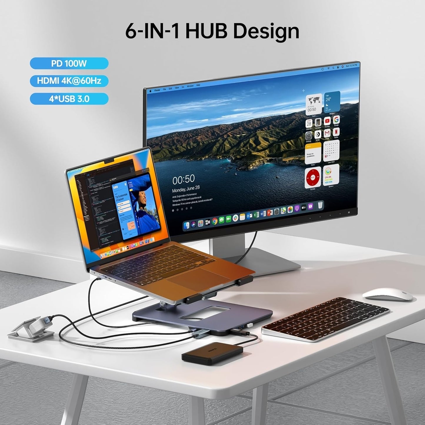 BENFEI 380GY Laptop Stand with USB-C Dock – 6-in-1 Hub with 4K@60Hz HDMI, 4× USB 3.0, 100W PD Charging