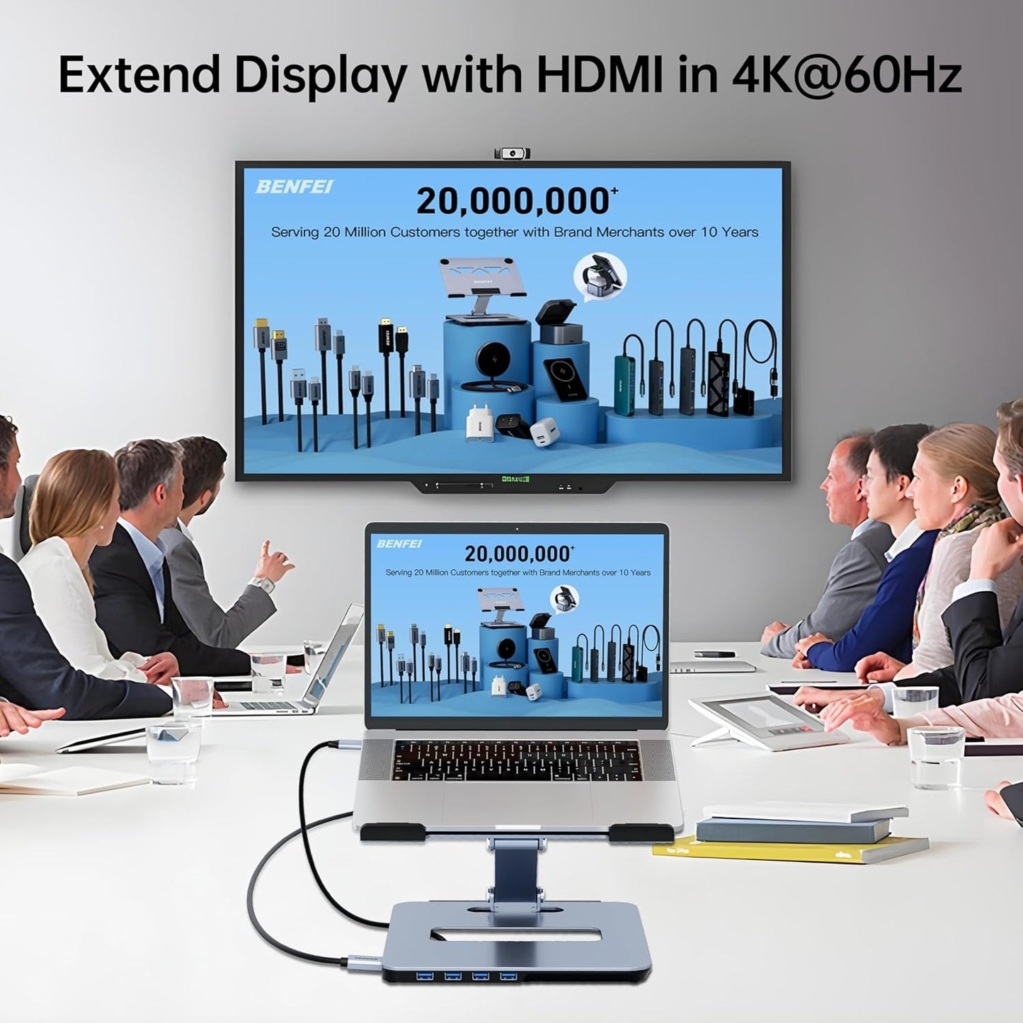 BENFEI 380GY Laptop Stand with USB-C Dock – 6-in-1 Hub with 4K@60Hz HDMI, 4× USB 3.0, 100W PD Charging