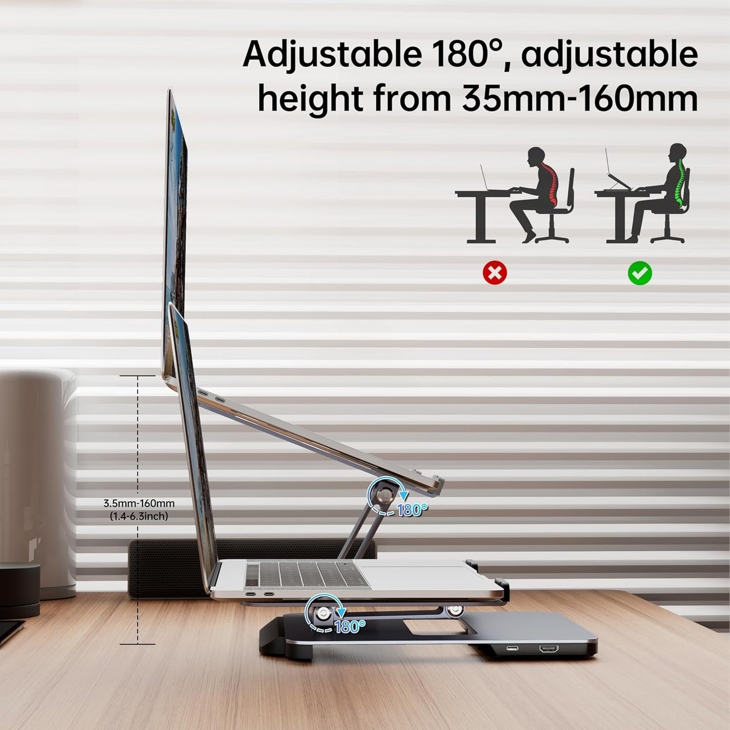 BENFEI 380GY Laptop Stand with USB-C Dock – 6-in-1 Hub with 4K@60Hz HDMI, 4× USB 3.0, 100W PD Charging