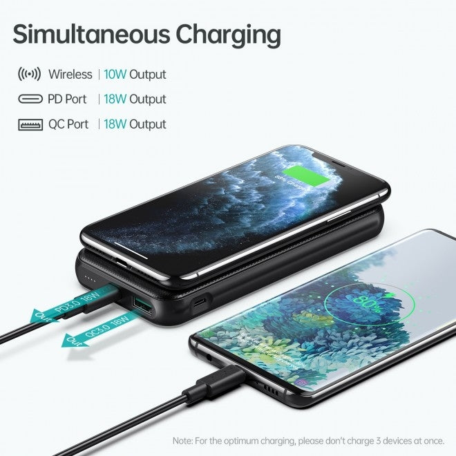 CHOETECH B650-CC 10000mAh Wireless Power Bank – Portable Fast Charger with USB-C & Qi Wireless Charging (Black)