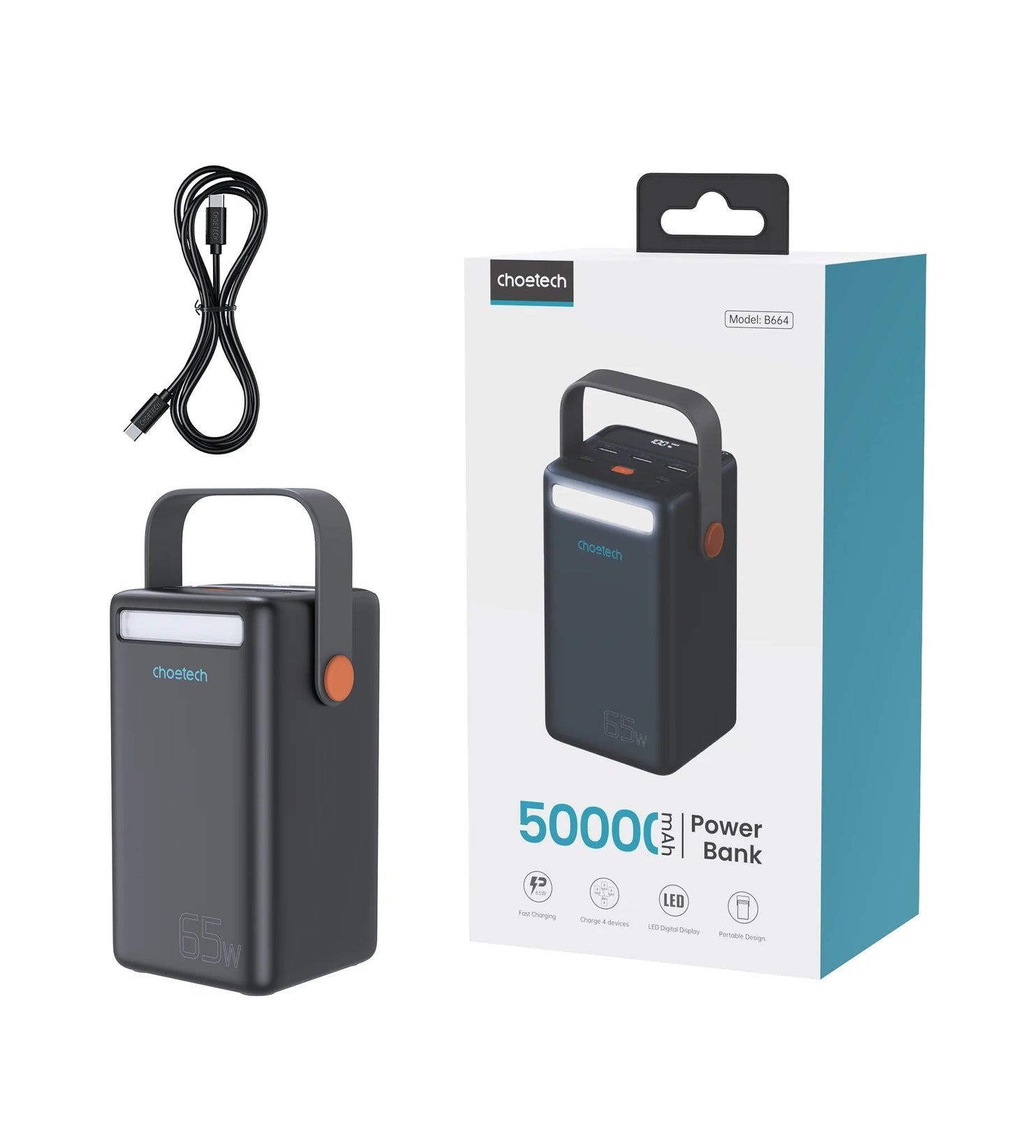 CHOETECH B664 50000mAh Power Bank – PD 65W Fast Charging, LCD Display, LED Flashlight