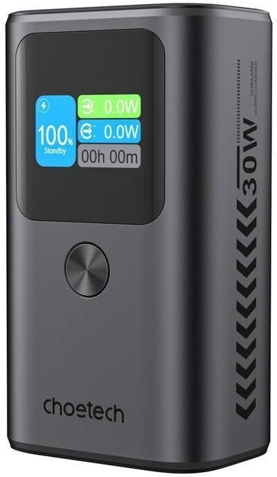 CHOETECH B701-GY 10000mAh Power Bank – 30W PD Fast Charging, USB-A + Dual USB-C, 3-Port with TFT Display – Grey