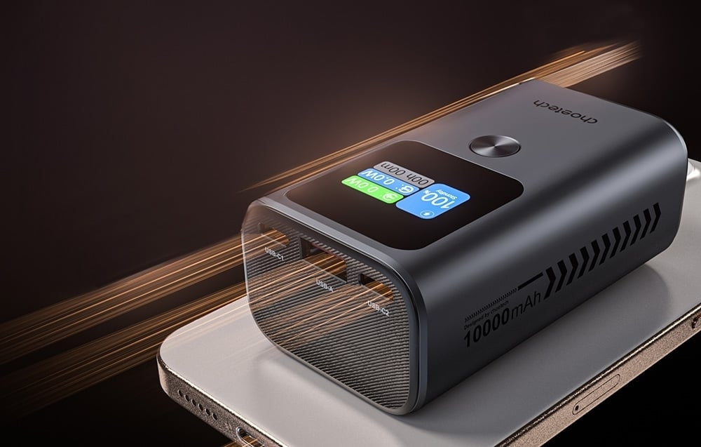 CHOETECH B701-GY 10000mAh Power Bank – 30W PD Fast Charging, USB-A + Dual USB-C, 3-Port with TFT Display – Grey