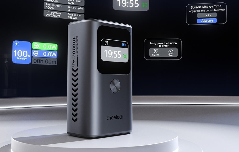 CHOETECH B701-GY 10000mAh Power Bank – 30W PD Fast Charging, USB-A + Dual USB-C, 3-Port with TFT Display – Grey