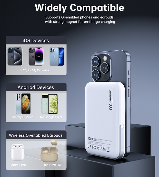 CHOETECH B743-WH 10000mAh PD 20W Magnetic Power Bank with Holder – White