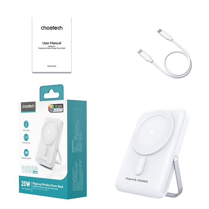 CHOETECH B743-WH 10000mAh PD 20W Magnetic Power Bank with Holder – White