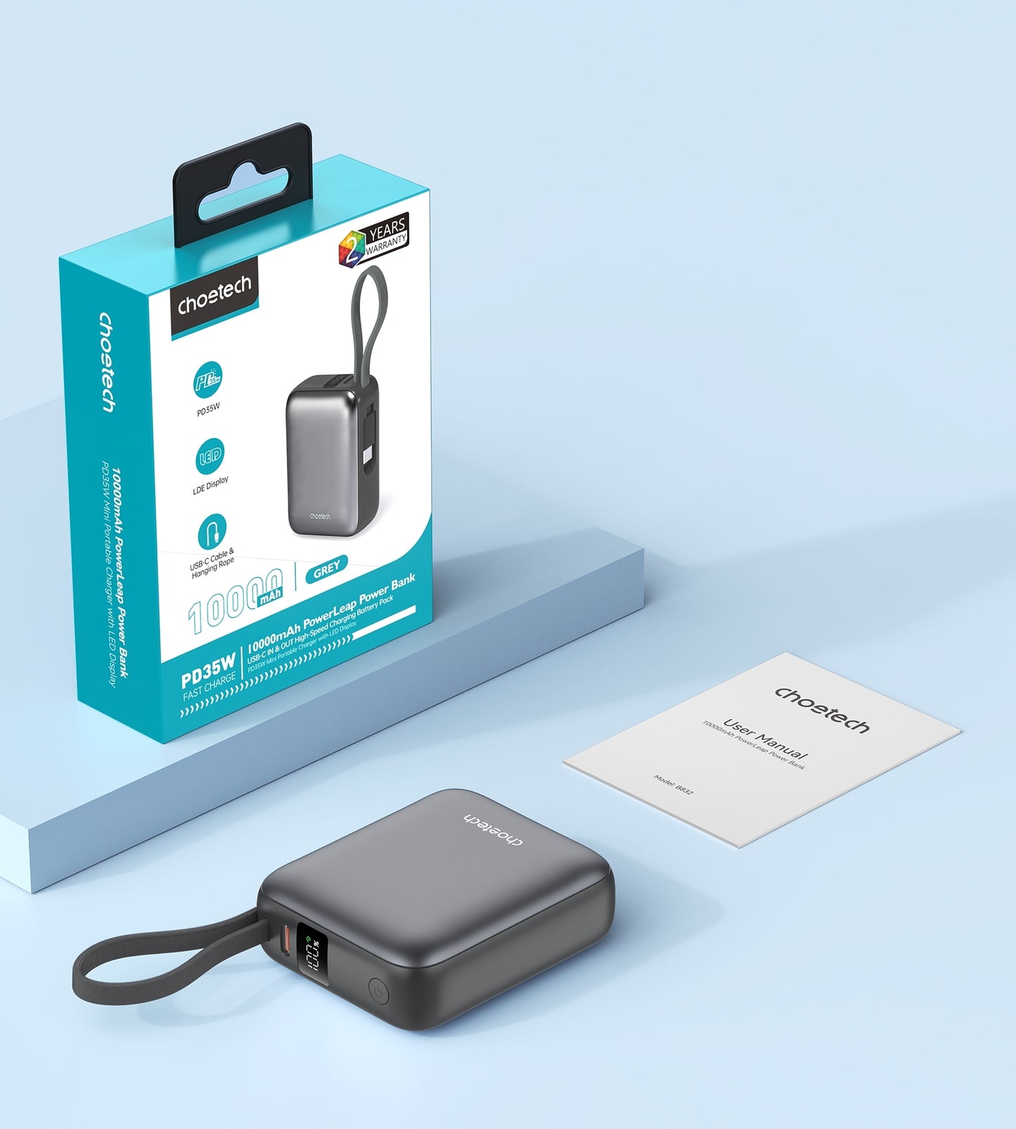 CHOETECH B832-GY 10000mAh PowerLeap Power Bank – 35W Fast Charging USB-C + USB-A Portable Charger – Compact & Travel-Friendly