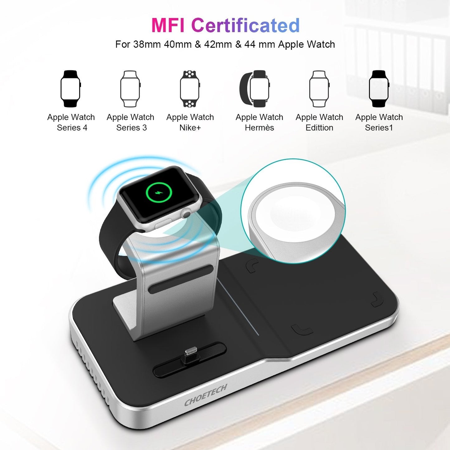 CHOETECH T316 4-in-1 Wireless Charging Station – Compatible with iPhone, Apple Watch, iPod & All Qi-Enabled Phones