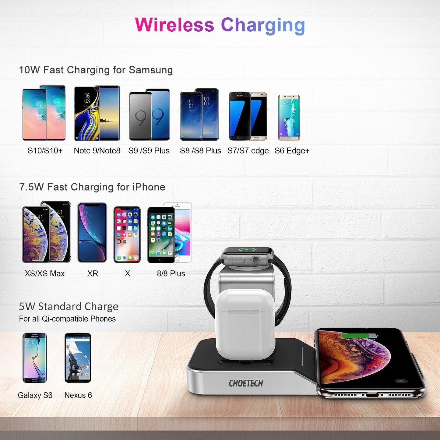 CHOETECH T316 4-in-1 Wireless Charging Station – Compatible with iPhone, Apple Watch, iPod & All Qi-Enabled Phones