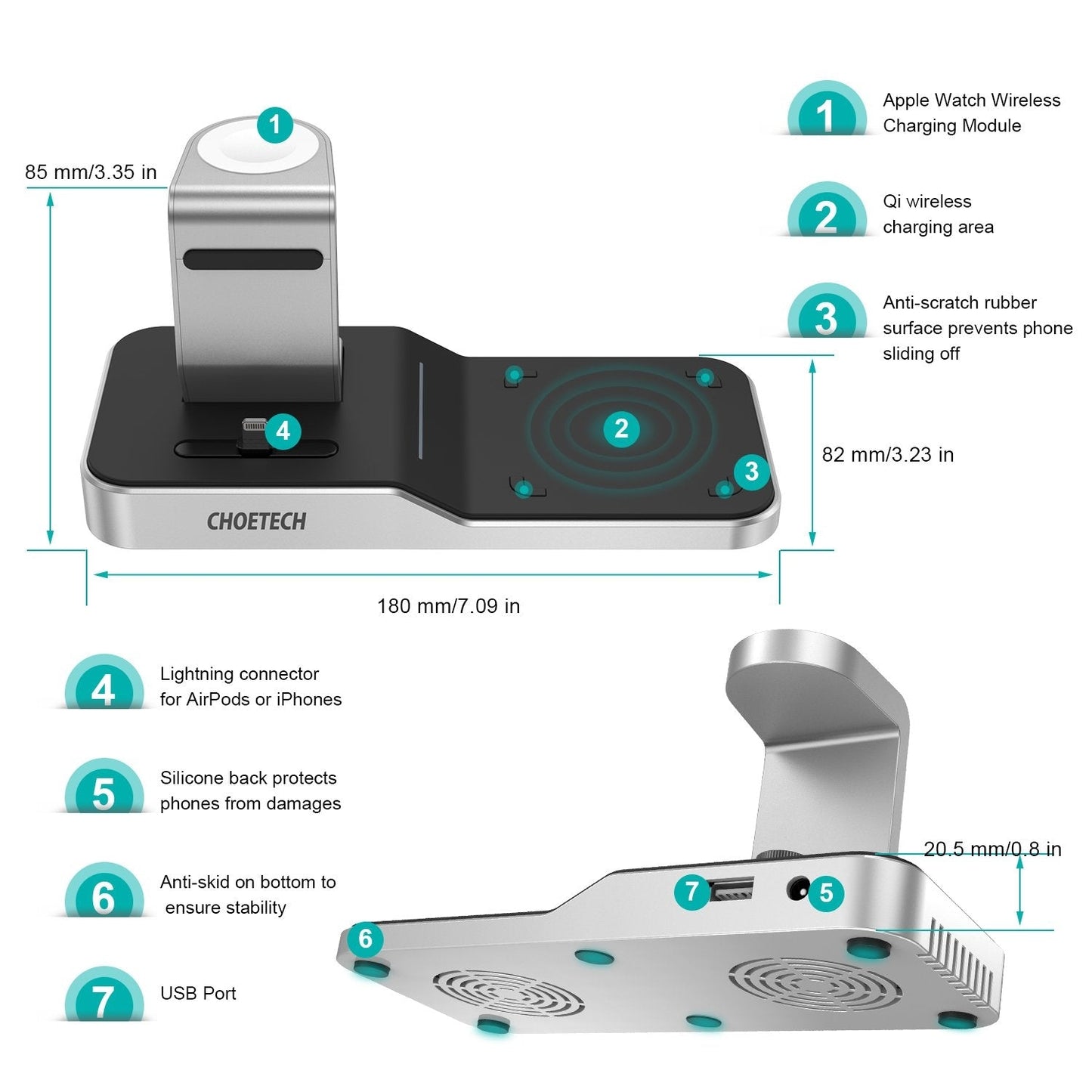 CHOETECH T316 4-in-1 Wireless Charging Station – Compatible with iPhone, Apple Watch, iPod & All Qi-Enabled Phones