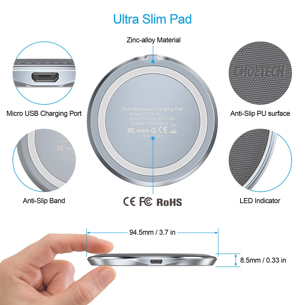 CHOETECH T539-S Fast Wireless Charger – 10W Qi-Certified Charging Pad for iPhone, Samsung & Other Qi-Enabled Devices