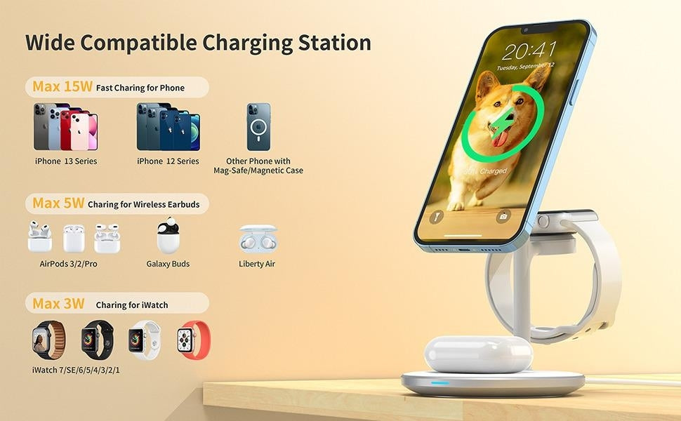 CHOETECH T585-F 3-in-1 Wireless Charging Station Dock – Fast Charger for iPhone, Apple Watch & AirPods