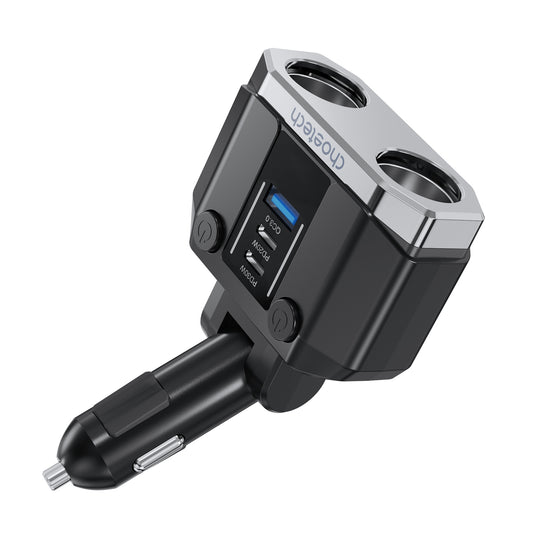 CHOETECH TC0020 45W Car Charger – Dual Cigarette Lighter Sockets, 2× USB-C & 1× USB-A Ports, Power Splitter Adapter for Vehicles