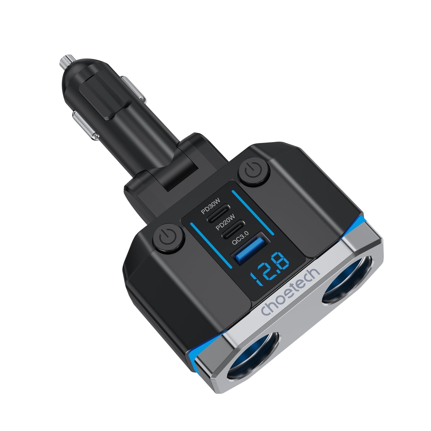 CHOETECH TC0020 45W Car Charger – Dual Cigarette Lighter Sockets, 2× USB-C & 1× USB-A Ports, Power Splitter Adapter for Vehicles