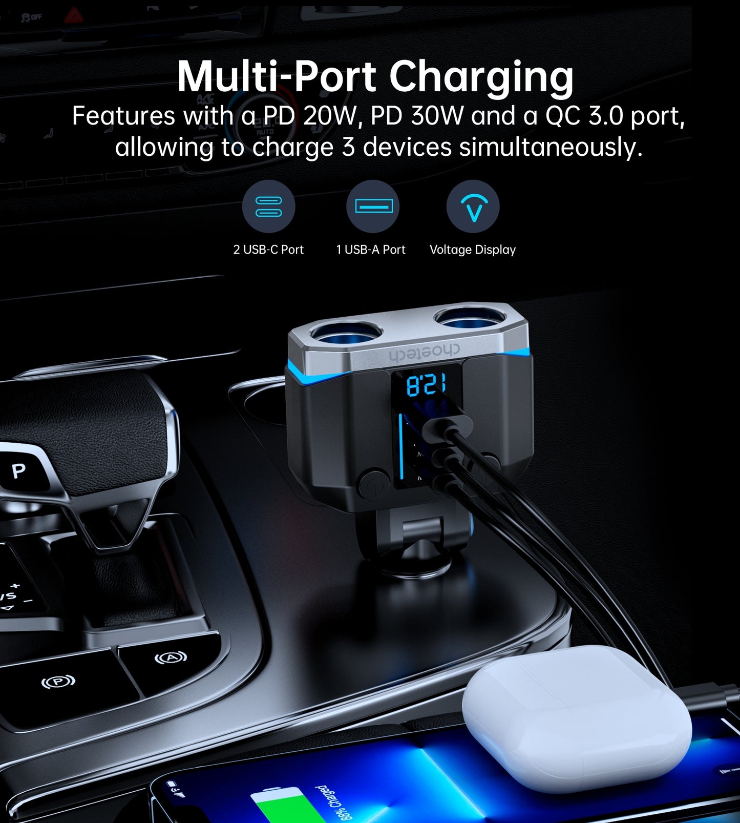 CHOETECH TC0020 45W Car Charger – Dual Cigarette Lighter Sockets, 2× USB-C & 1× USB-A Ports, Power Splitter Adapter for Vehicles