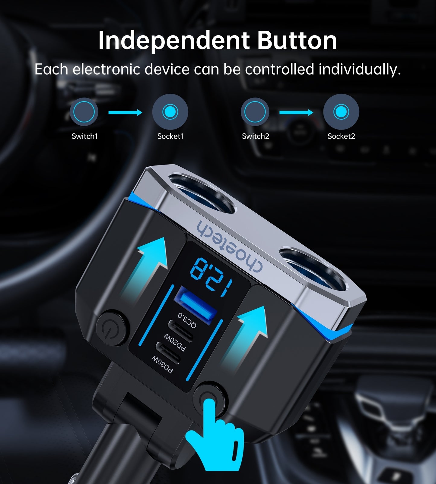 CHOETECH TC0020 45W Car Charger – Dual Cigarette Lighter Sockets, 2× USB-C & 1× USB-A Ports, Power Splitter Adapter for Vehicles