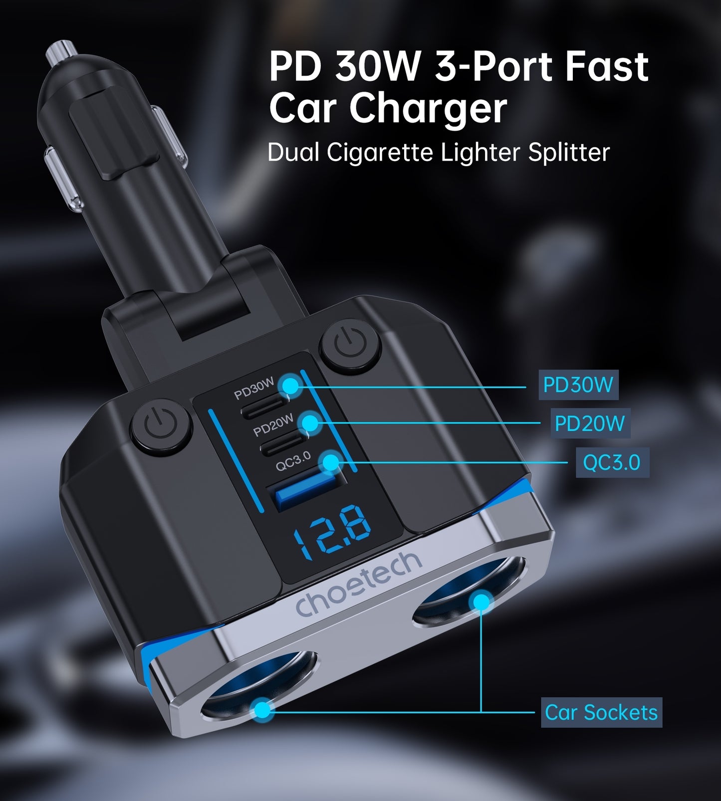 CHOETECH TC0020 45W Car Charger – Dual Cigarette Lighter Sockets, 2× USB-C & 1× USB-A Ports, Power Splitter Adapter for Vehicles