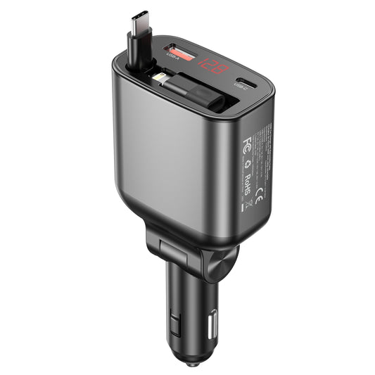 CHOETECH TC0033 105W Fast Car Charger – USB-C + USB-A Ports with Built-in Stretchable USB-C & Lightning Cables