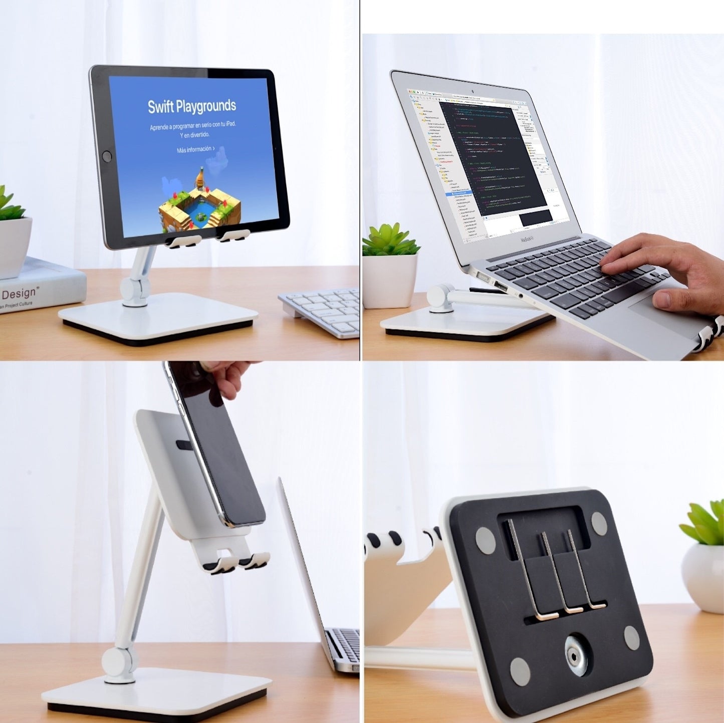 3-in-1 Full Motion Device Holder – Adjustable Stand for Smartphone, Tablet & Laptop – White