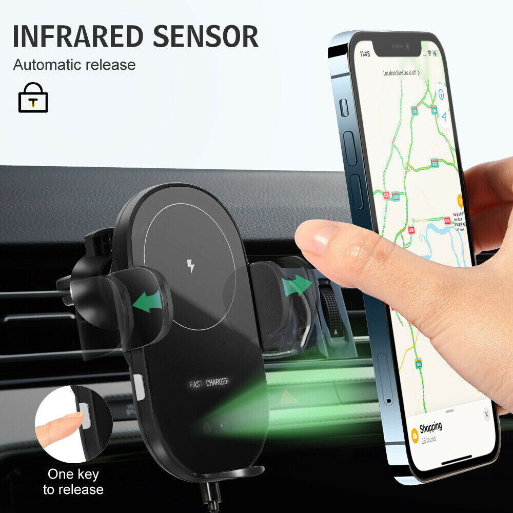 15W Wireless Car Charger Mount – Automatic Clamping 2-in-1 Fast Charging Phone Holder for Dashboard & Air Vent