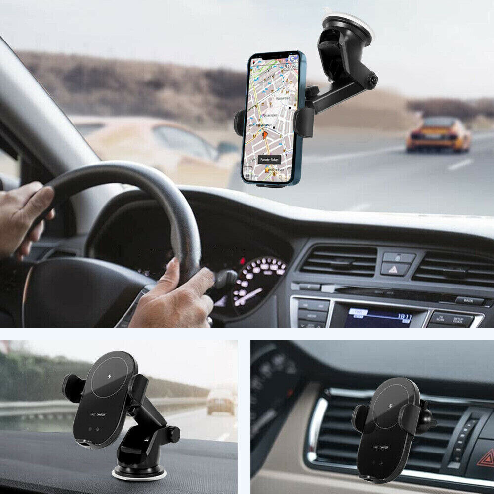 15W Wireless Car Charger Mount – Automatic Clamping 2-in-1 Fast Charging Phone Holder for Dashboard & Air Vent