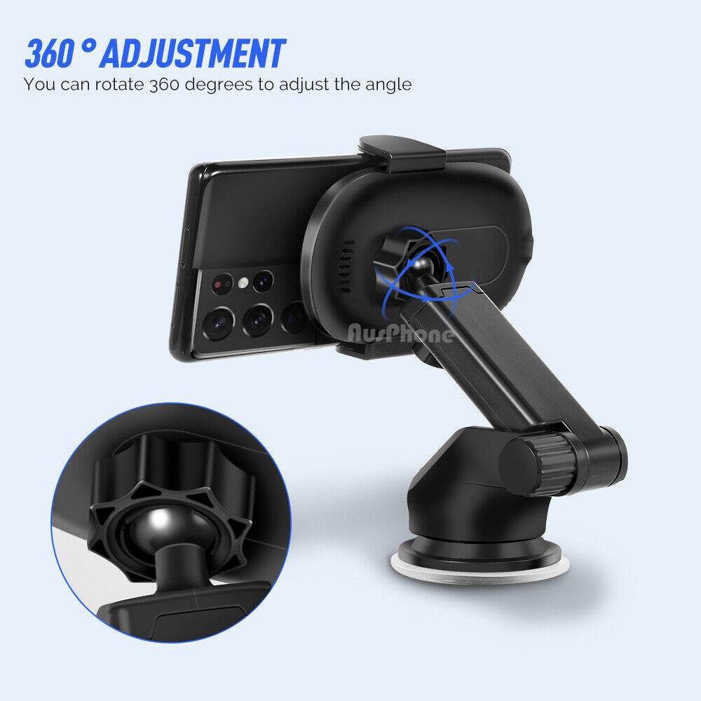 15W Wireless Car Charger Mount – Automatic Clamping 2-in-1 Fast Charging Phone Holder for Dashboard & Air Vent