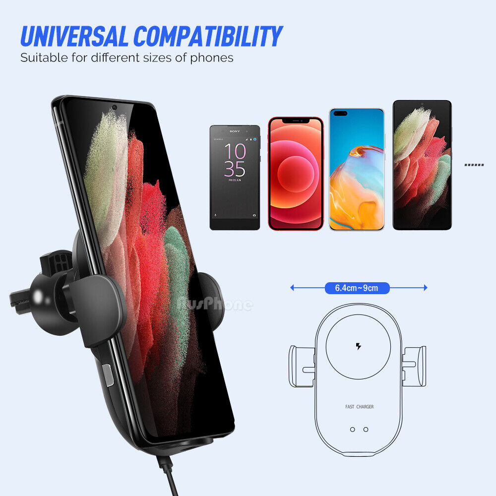15W Wireless Car Charger Mount – Automatic Clamping 2-in-1 Fast Charging Phone Holder for Dashboard & Air Vent