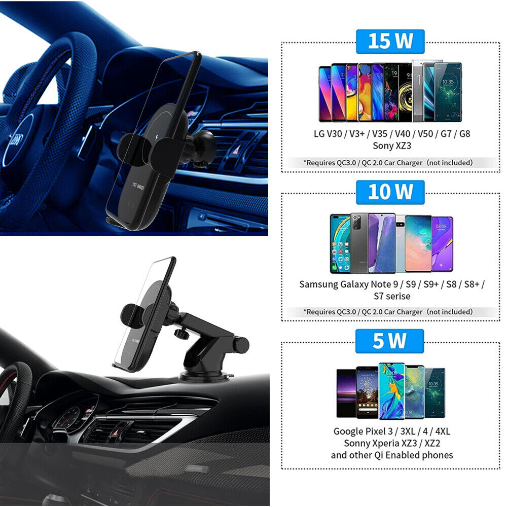15W Wireless Car Charger Mount – Automatic Clamping 2-in-1 Fast Charging Phone Holder for Dashboard & Air Vent