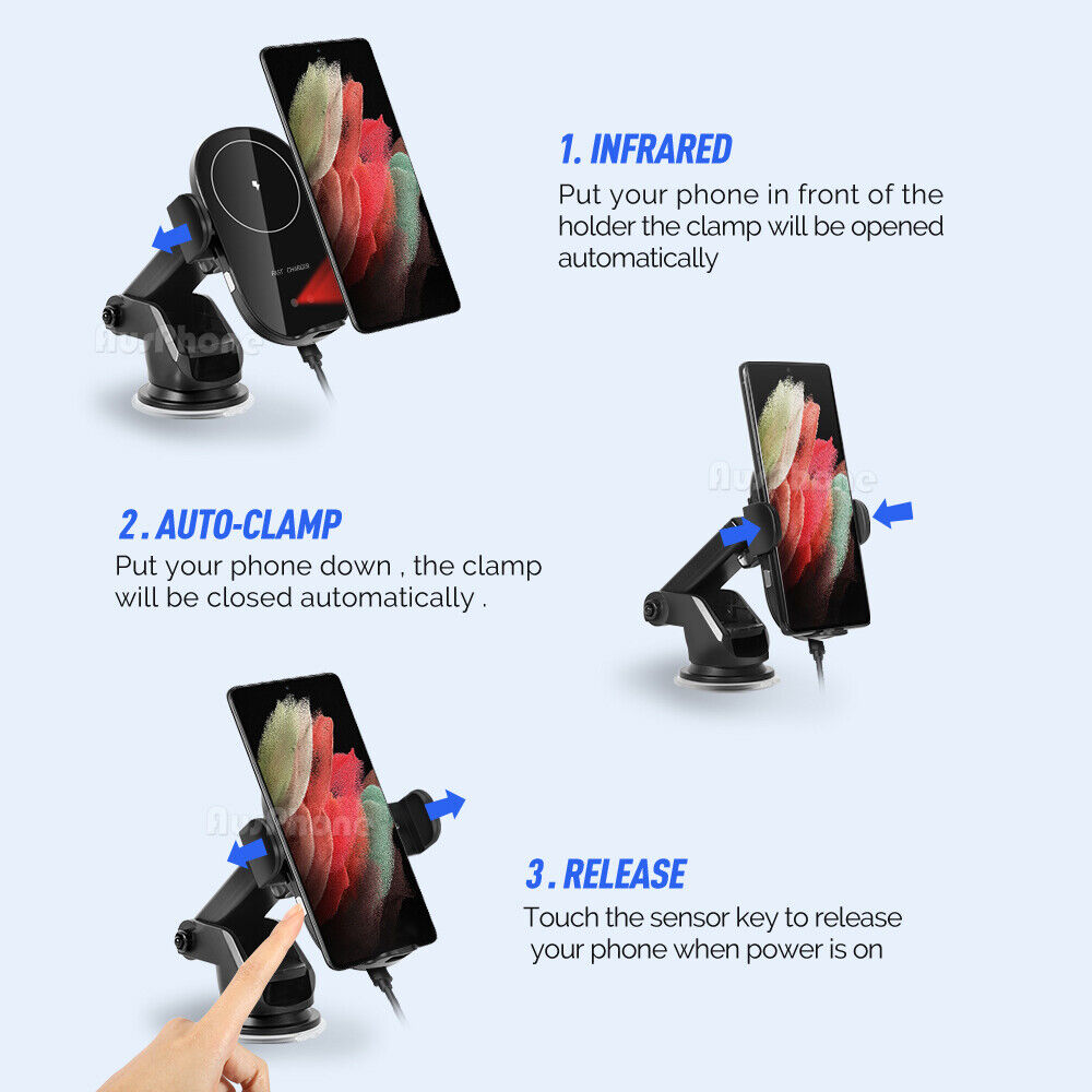 15W Wireless Car Charger Mount – Automatic Clamping 2-in-1 Fast Charging Phone Holder for Dashboard & Air Vent