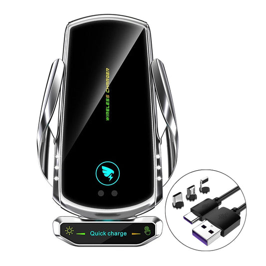 15W Wireless Car Charger Mount – Auto-Clamp Air Vent Phone Holder with Cable & 3 Charging Tips"