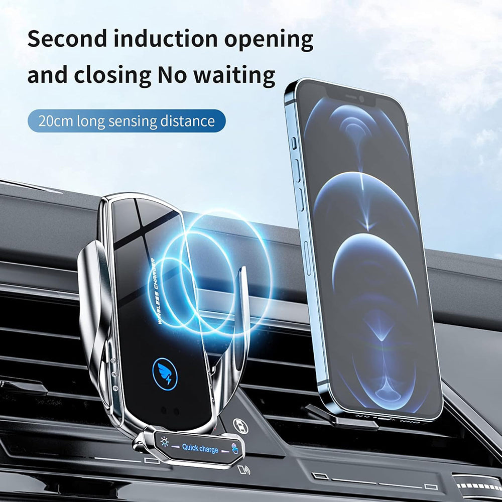 15W Wireless Car Charger Mount – Auto-Clamp Air Vent Phone Holder with Cable & 3 Charging Tips"