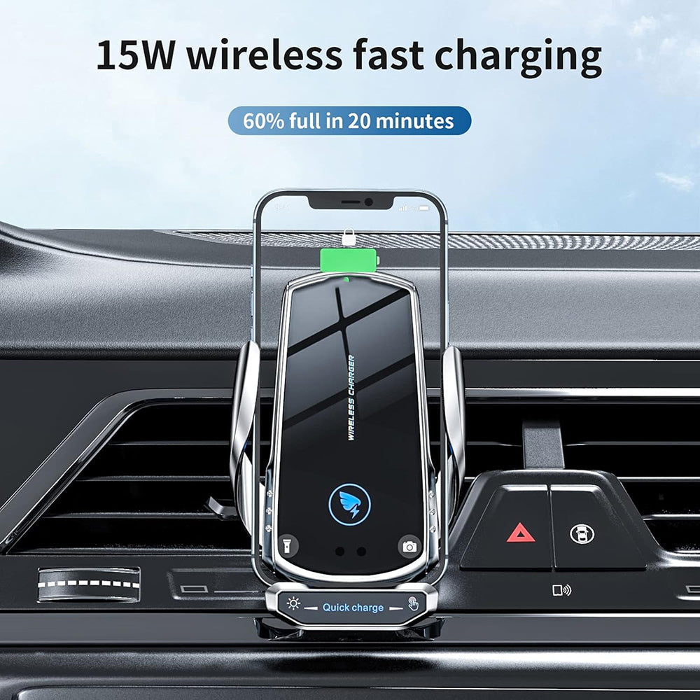 15W Wireless Car Charger Mount – Auto-Clamp Air Vent Phone Holder with Cable & 3 Charging Tips"