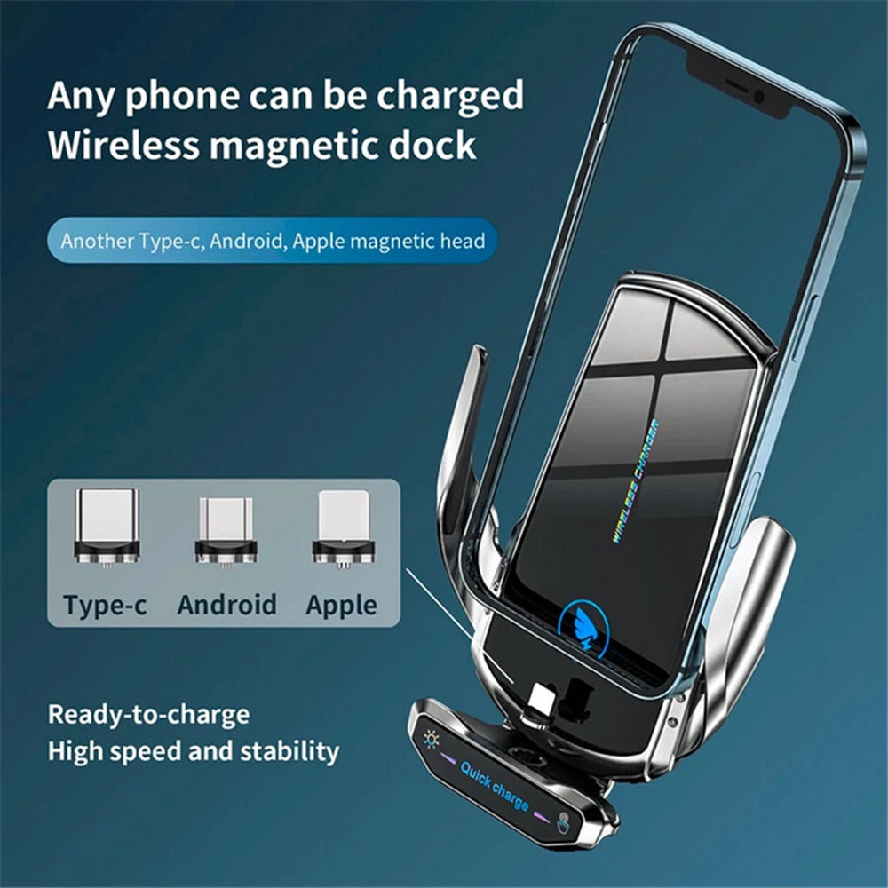 15W Wireless Car Charger Mount – Auto-Clamp Air Vent Phone Holder with Cable & 3 Charging Tips"