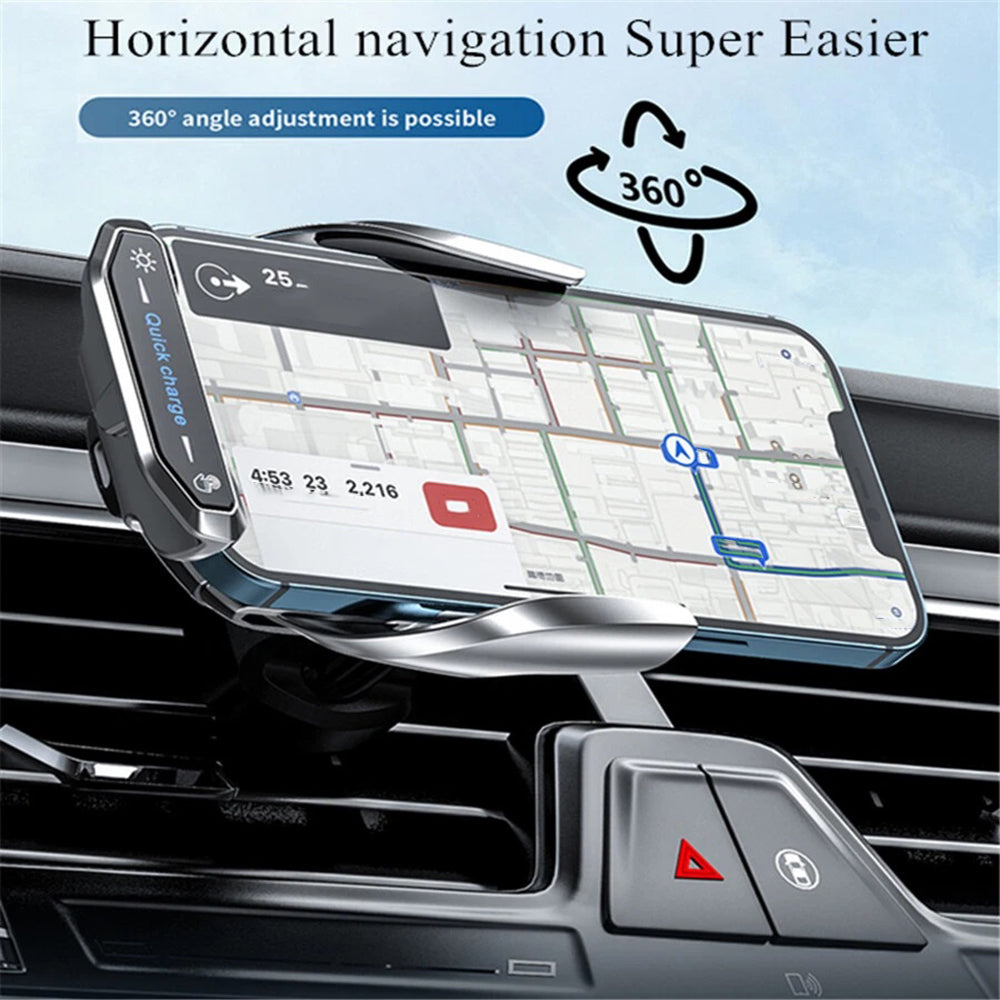 15W Wireless Car Charger Mount – Auto-Clamp Air Vent Phone Holder with Cable & 3 Charging Tips"