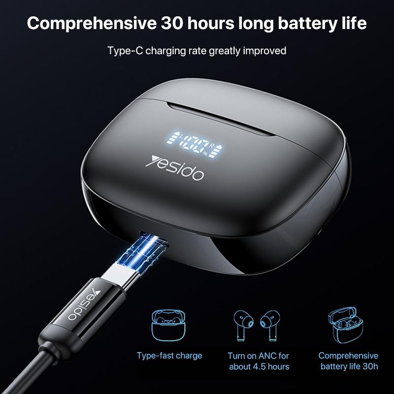 Wireless Bluetooth 5.0 Earphones with ANC & LED Display – Active Noise Cancelling, Hi-Fi Sound, Long Battery Life