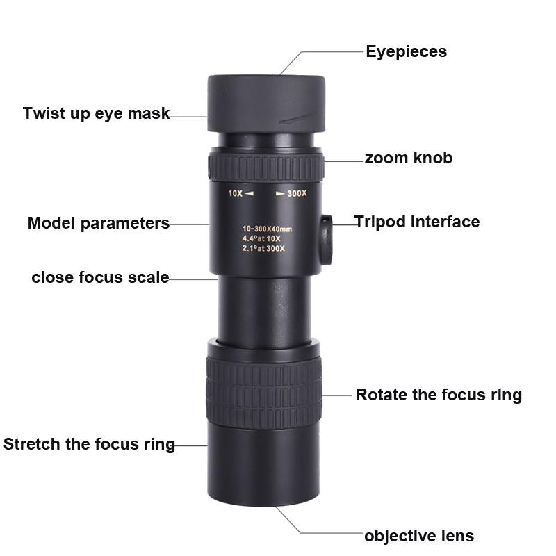 High Definition Monocular Telescope – 10-300X40 Zoom, Tripod & Phone Holder Included