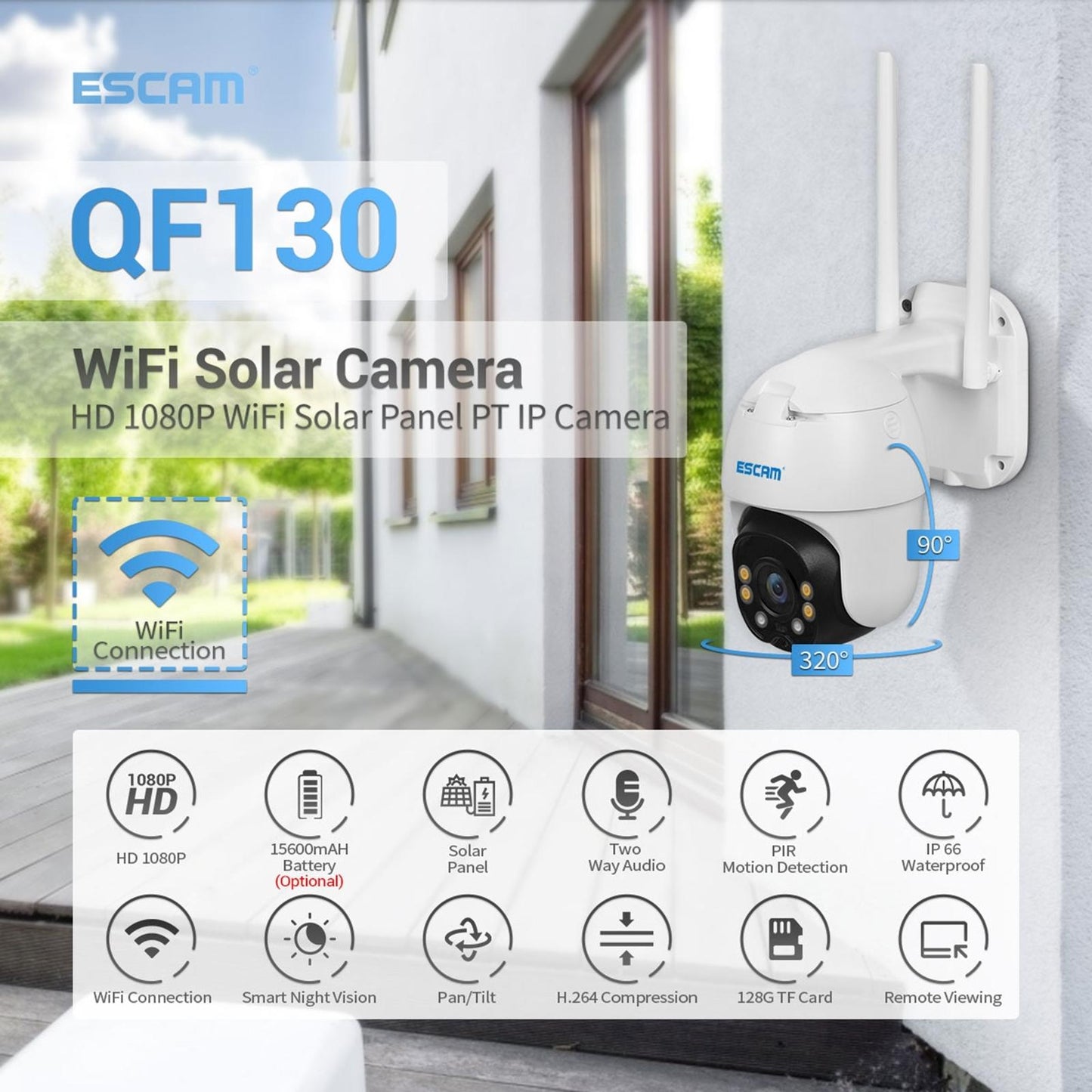 Waterproof WiFi Solar Security Camera – Night Vision, Motion Detection, 2-Way Audio, PTZ Control