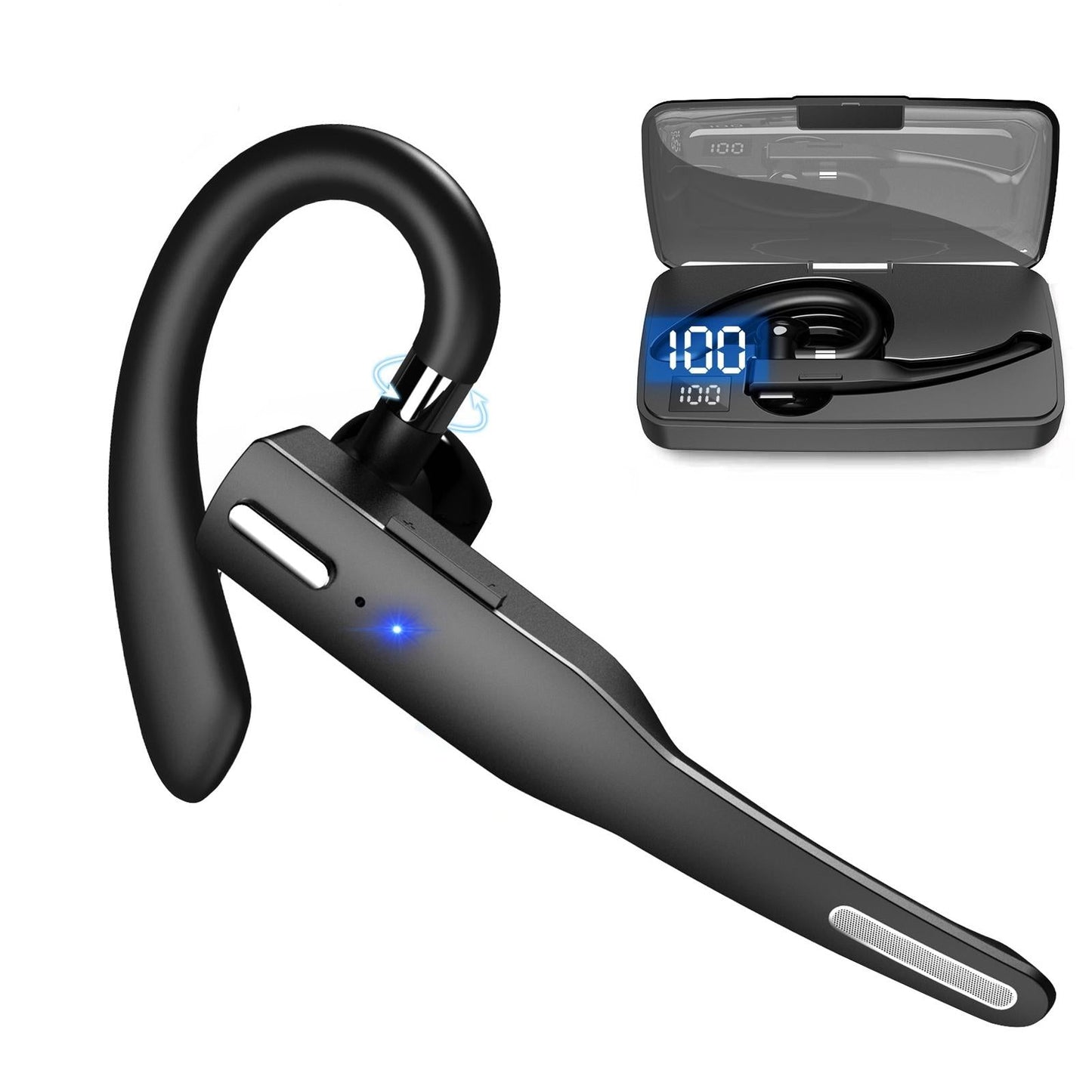 Wireless Bluetooth Earphone with Noise Cancelling & Rotatable Earhook – Charging Case with Digital Display
