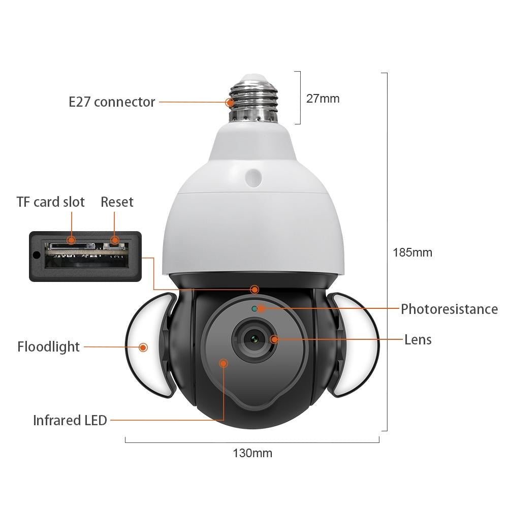 5MP E27 Floodlight Security Camera Bulb – Motion Detection, Night Vision, WiFi Smart Surveillance