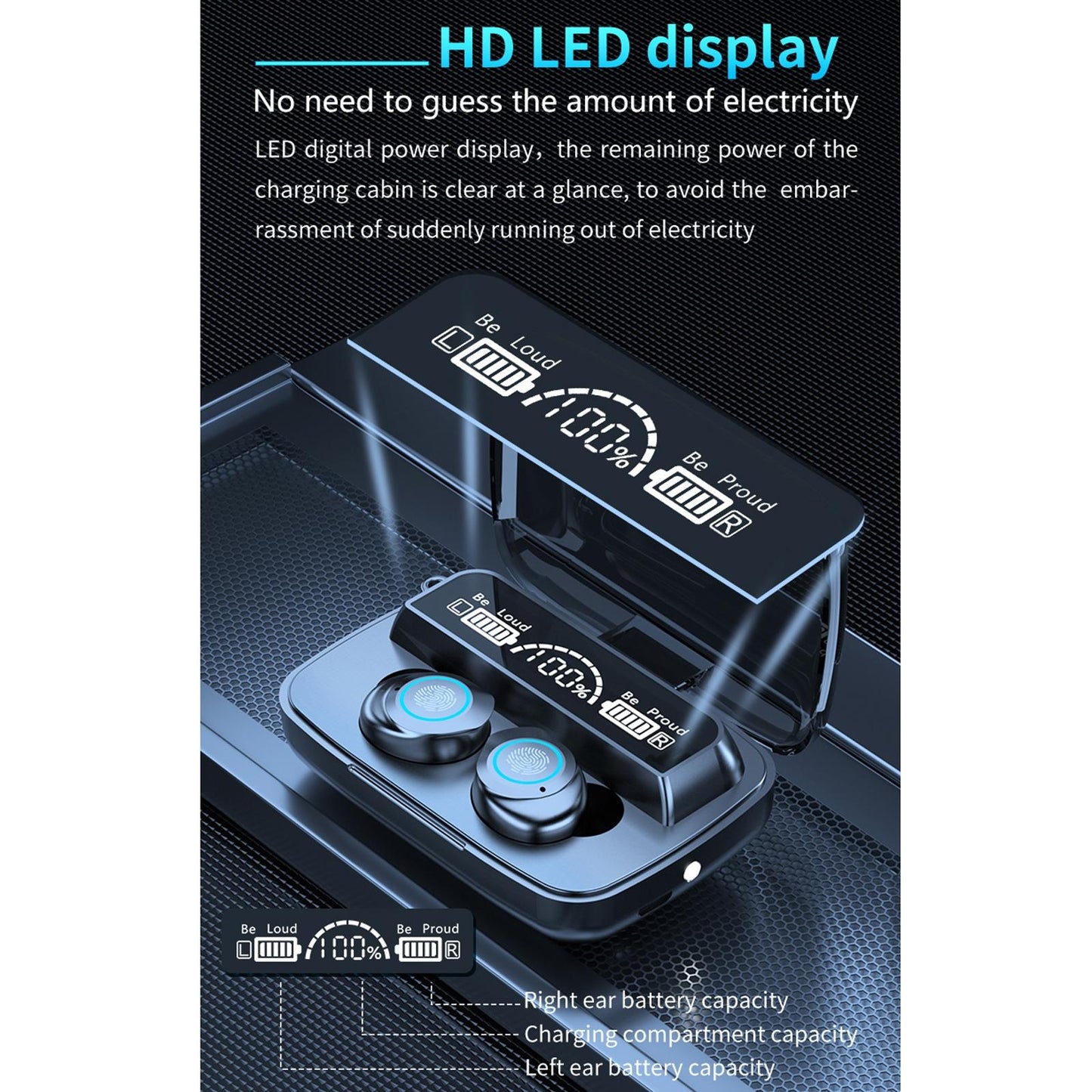 Three-Screen Bluetooth Earphones – Noise Reduction, LED Display & Hand Strap – Black