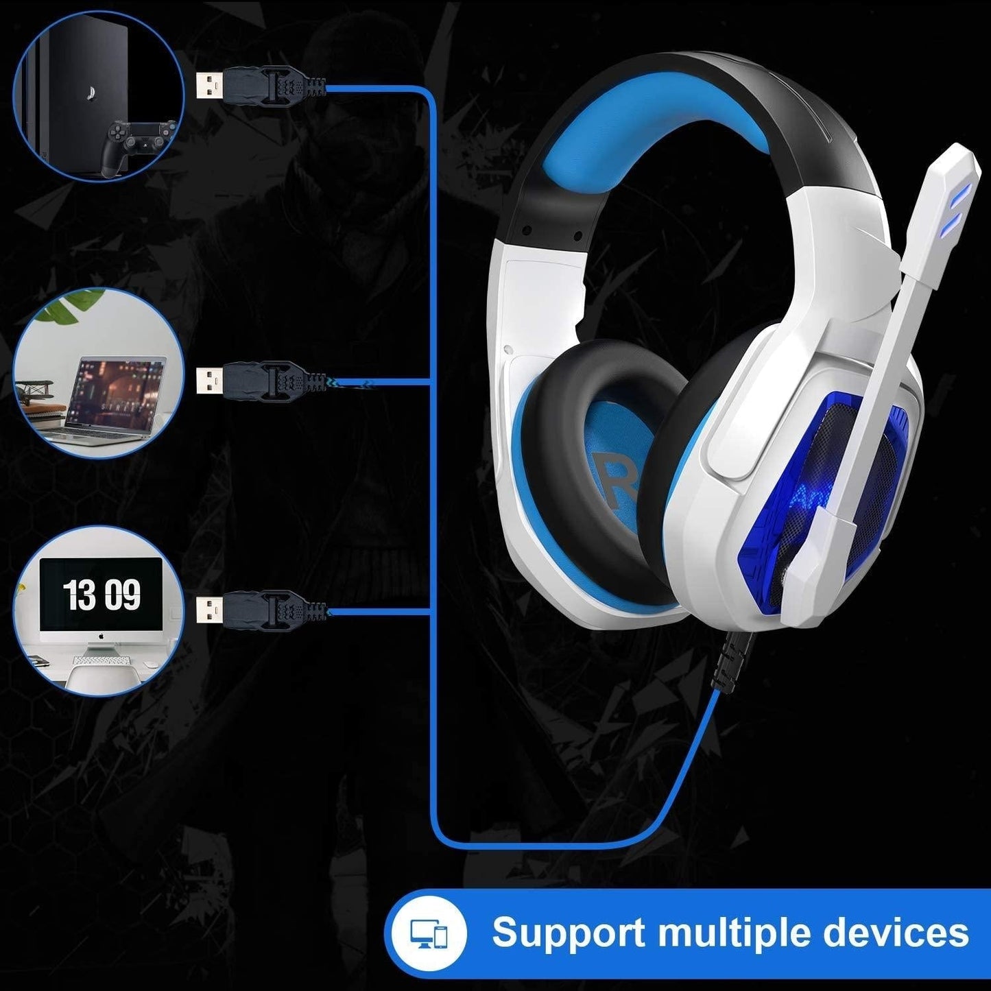 7.1 Channel USB Gaming Headset with Mic – Blue/White, Surround Sound, Noise Cancelling, Comfortable Fit