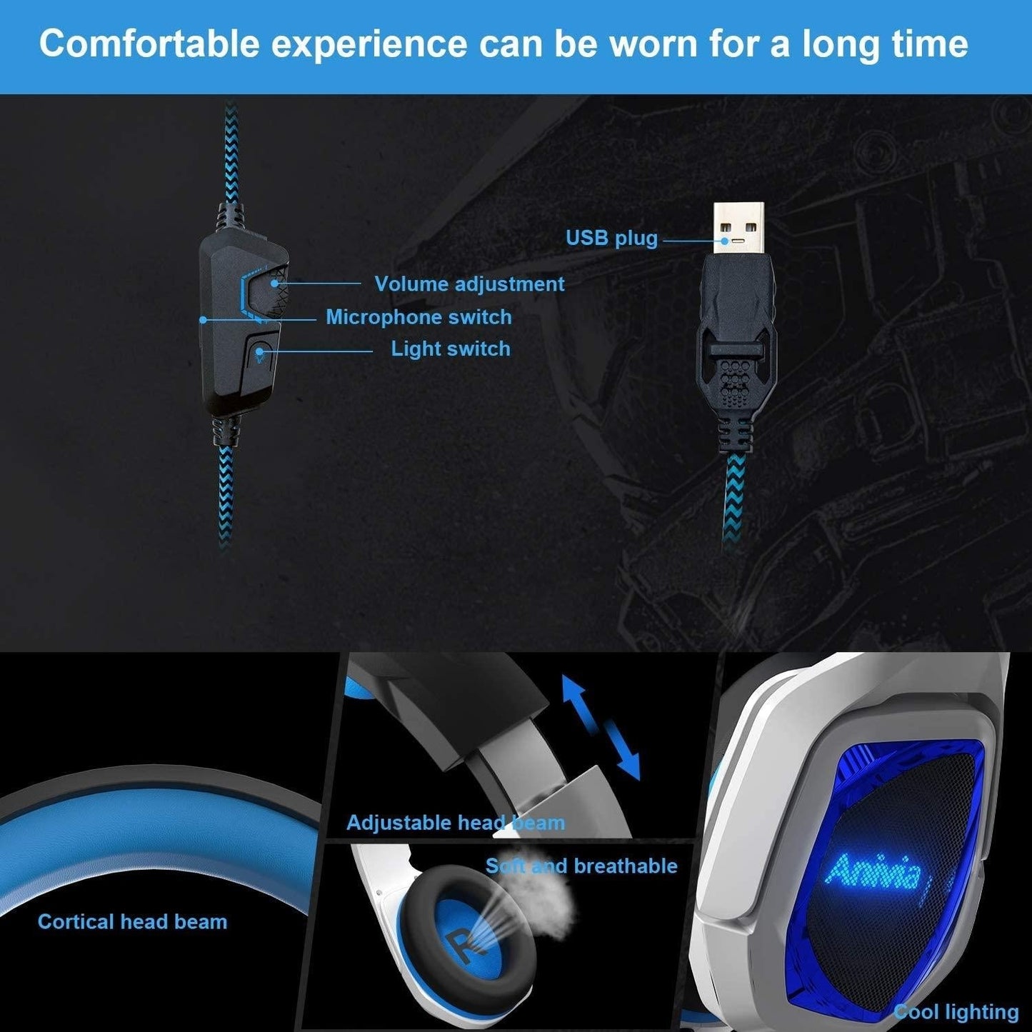 7.1 Channel USB Gaming Headset with Mic – Blue/White, Surround Sound, Noise Cancelling, Comfortable Fit