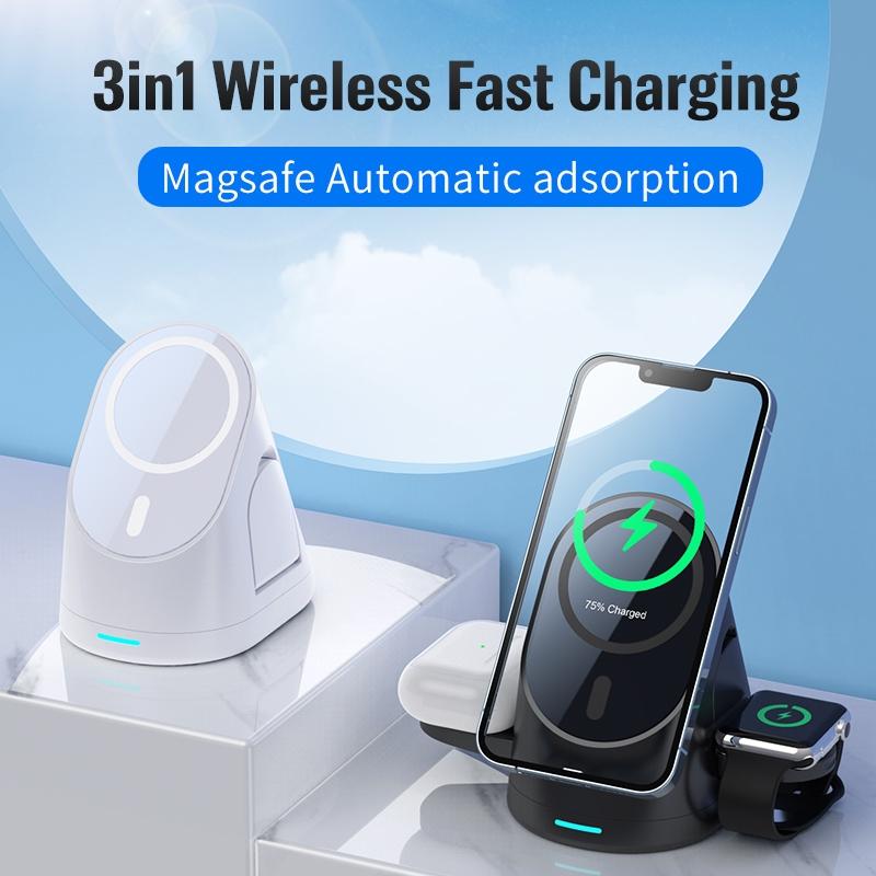 3-in-1 Magnetic Wireless Charging Bracket for Smartphone, iWatch & AirPods – Black
