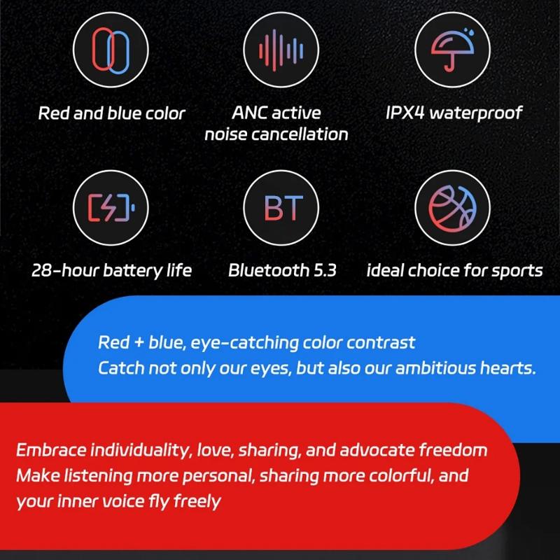Music Cube Wireless Bluetooth Earbuds – Noise-Cancelling, Hi-Fi Stereo Sound, Red & Blue Design"