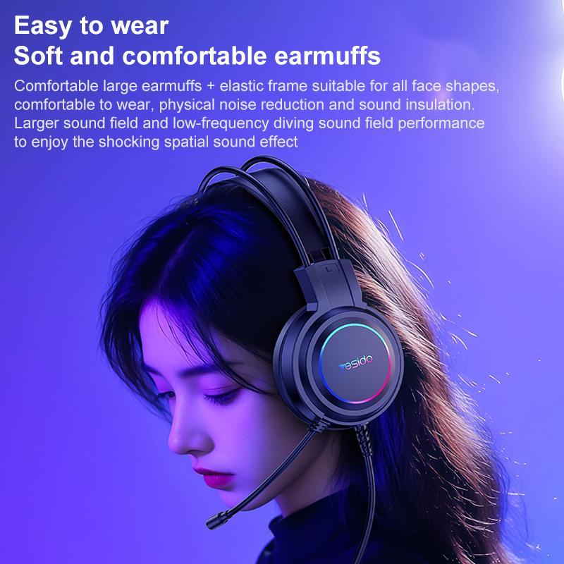 "USB Wired RGB Gaming Headset with Mic – 1.2M Cable, Black, Noise Cancelling, Surround Sound, Comfortable Fit