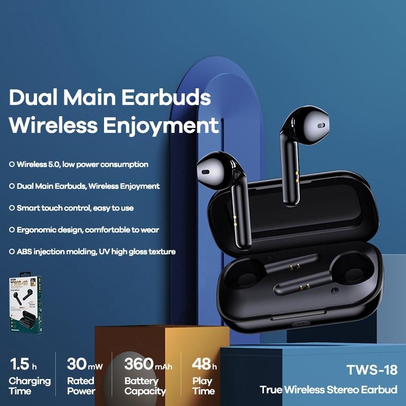 True Wireless Stereo (TWS) Bluetooth 5.0 Earphones - TWS-18 Wireless Earbuds, Black