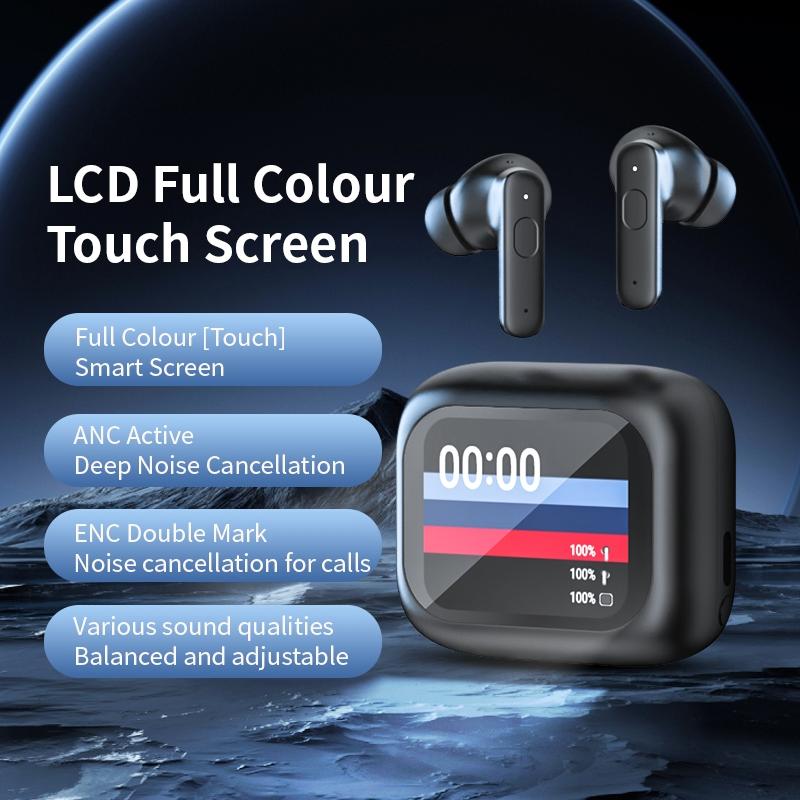 Wireless Bluetooth Earphones with Touch Screen & Noise Reduction – High-Fidelity Sound – Black