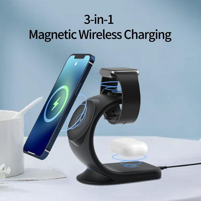 3-in-1 Magnetic Wireless Charger for Phone, Watch & AirPods | Fast Qi Charging Dock Stand