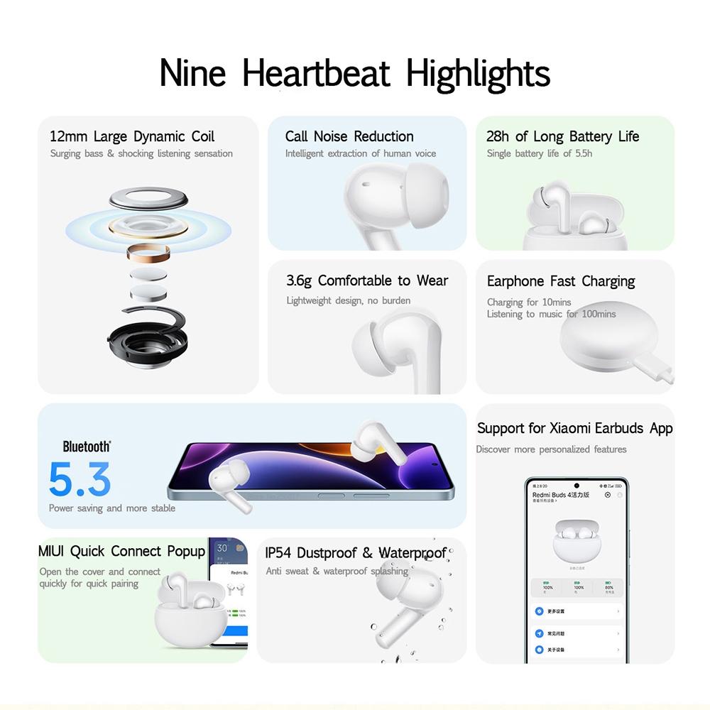 Waterproof Redmi Buds 4 Vitality Wireless Earphones – Bluetooth Calling, Noise Reduction, True Wireless, White