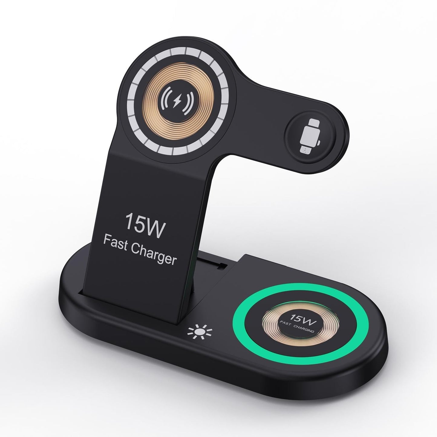 4-in-1 Magnetic Wireless Charger – Black. Fast Qi Charging Station for Phone, Watch, Earbuds & Stylus